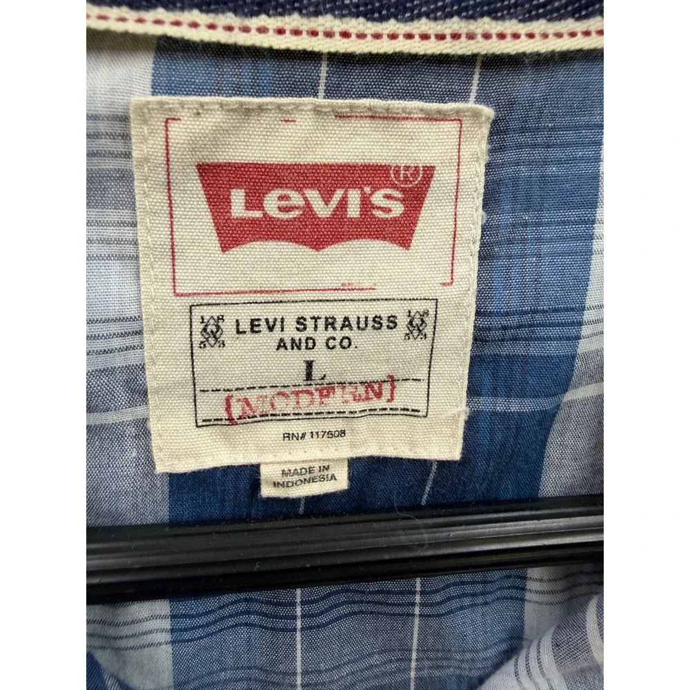 Levi Strauss Western Shirt Mens Blue White Plaid Pearl Snap Modern Large